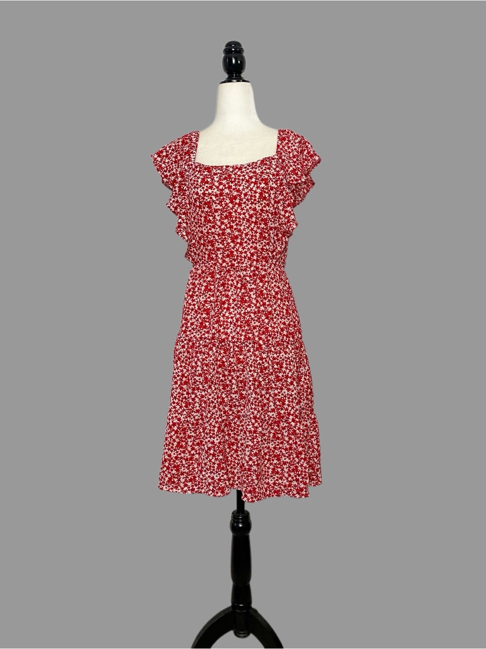 ❤️S❤️ Monteau Red Floral Square-Neck Summer Dress Flutter
